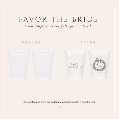 Elegant personalized Christmas wedding drinkware featuring a botanical wreath and bow design.`