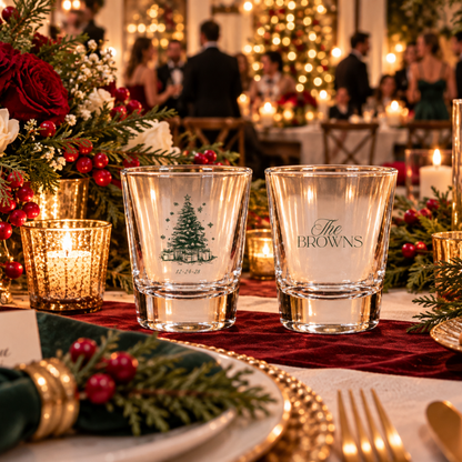 Elegant Christmas wedding shot glasses featuring a detailed evergreen tree and personalized family name.
