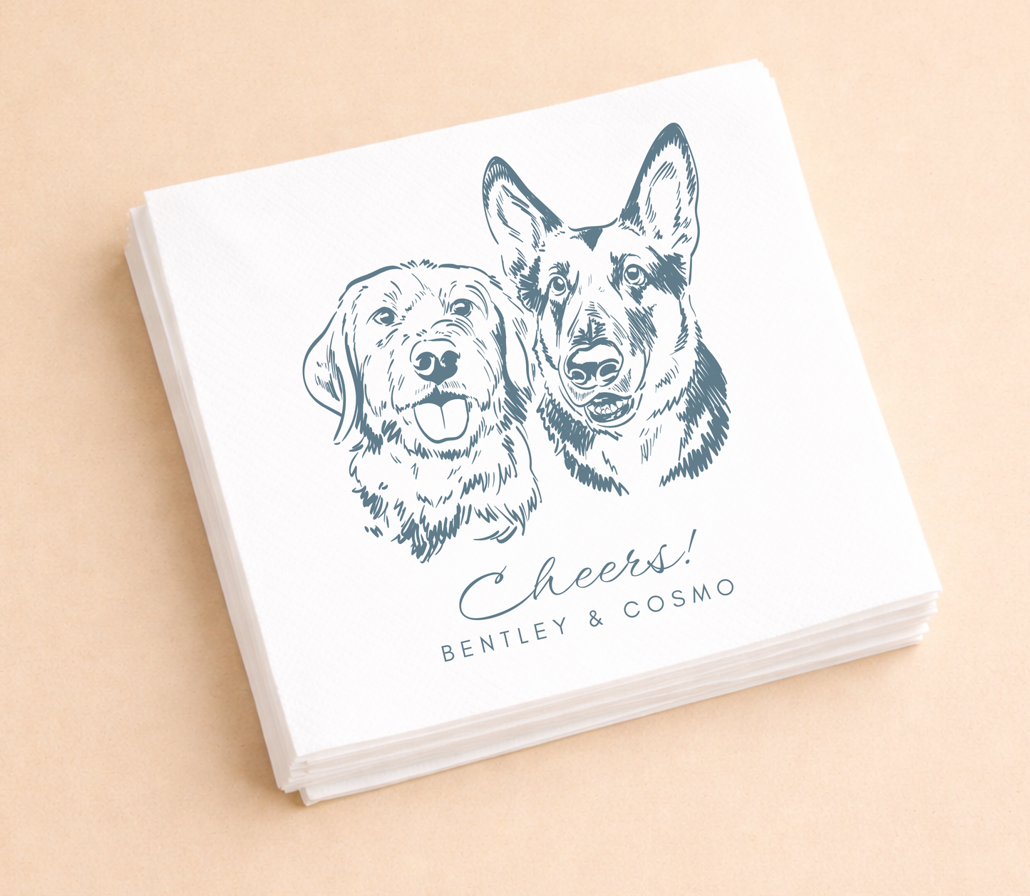 Two dog portrait wedding napkins cheers design
Custom pet napkins with two dogs illustration
Personalized dog napkins wedding decor
Multi pet cocktail napkins custom design