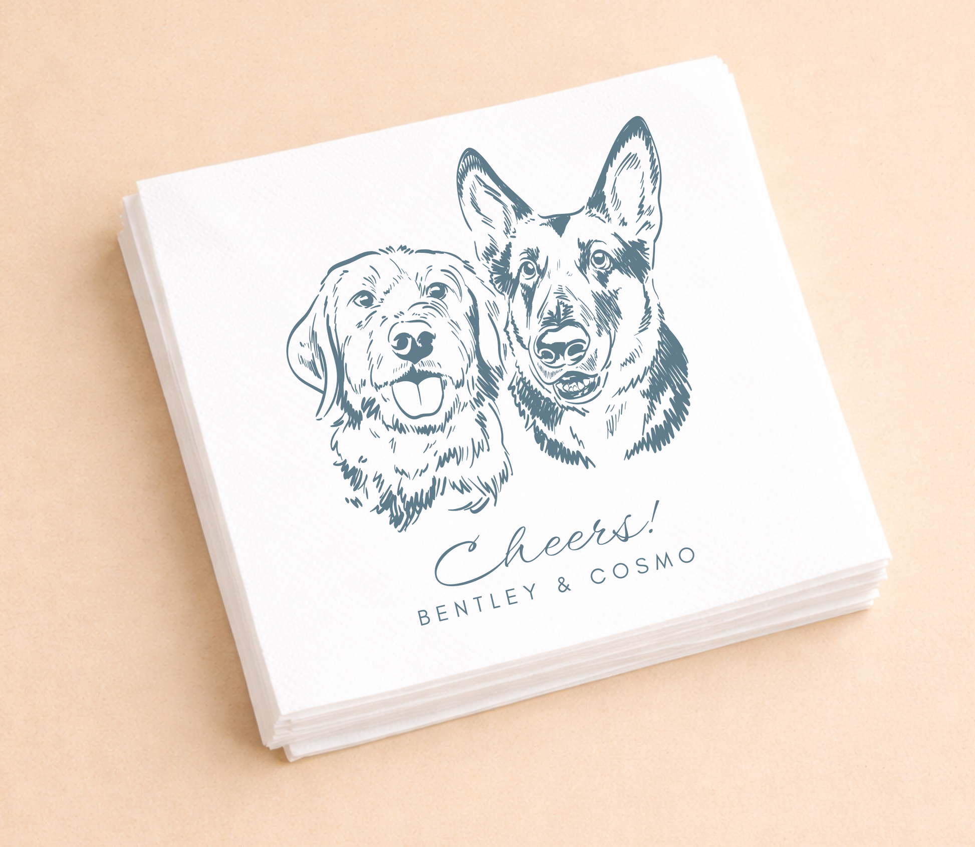 Two dog portrait wedding napkins cheers design
Custom pet napkins with two dogs illustration
Personalized dog napkins wedding decor
Multi pet cocktail napkins custom design