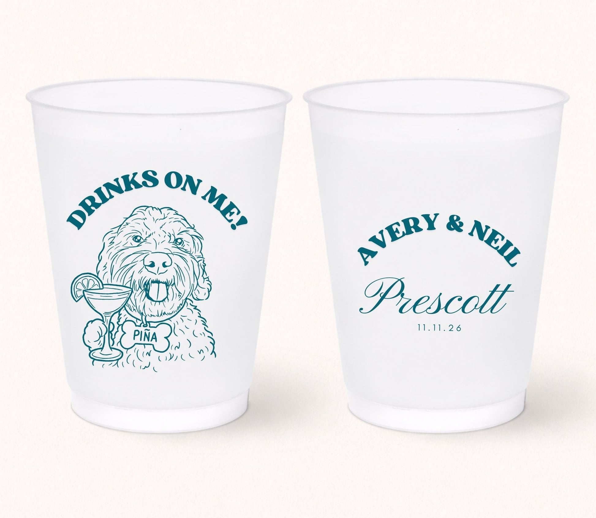Custom dog wedding frosted cups
Personalized pet portrait cocktail cups
Dog lover wedding drink cups
Drinks on me dog wedding favor