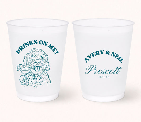 Custom dog wedding frosted cups
Personalized pet portrait cocktail cups
Dog lover wedding drink cups
Drinks on me dog wedding favor