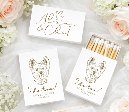 Personalized wedding matchbox with dog portrait
Custom pet illustration matchbox wedding favor
Dog lover wedding matchbox with names and date
Pet themed wedding favor matchbox design