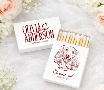 Bold serif wedding matchbox with dog portrait
Personalized pet illustration matchbox wedding favor
Modern classic wedding matchbox with names and date
Dog lover wedding matchbox custom design