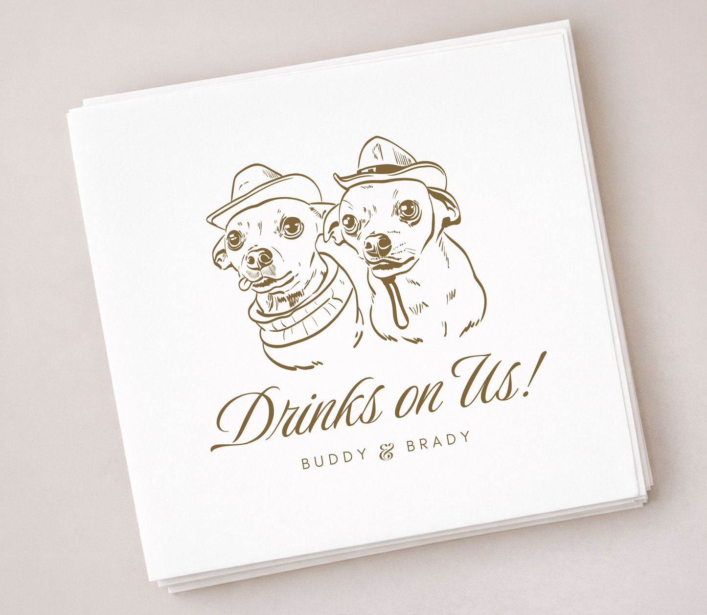Two dog portrait wedding napkins custom design
Personalized multi pet napkins drinks on us
Custom dog illustration napkins wedding decor
Pet lover wedding napkins two dogs