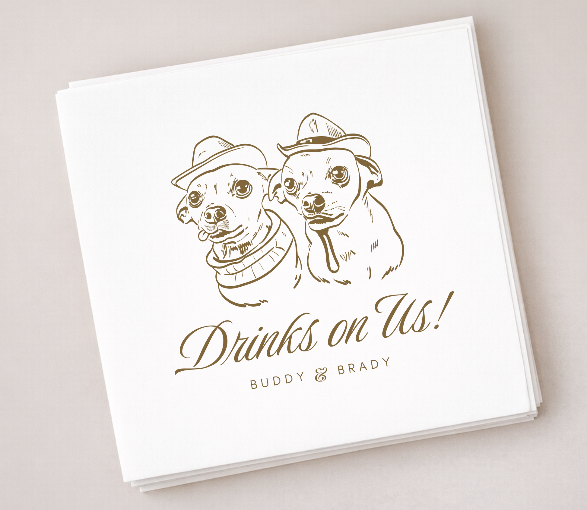 Two dog portrait wedding napkins custom design
Personalized multi pet napkins drinks on us
Custom dog illustration napkins wedding decor
Pet lover wedding napkins two dogs