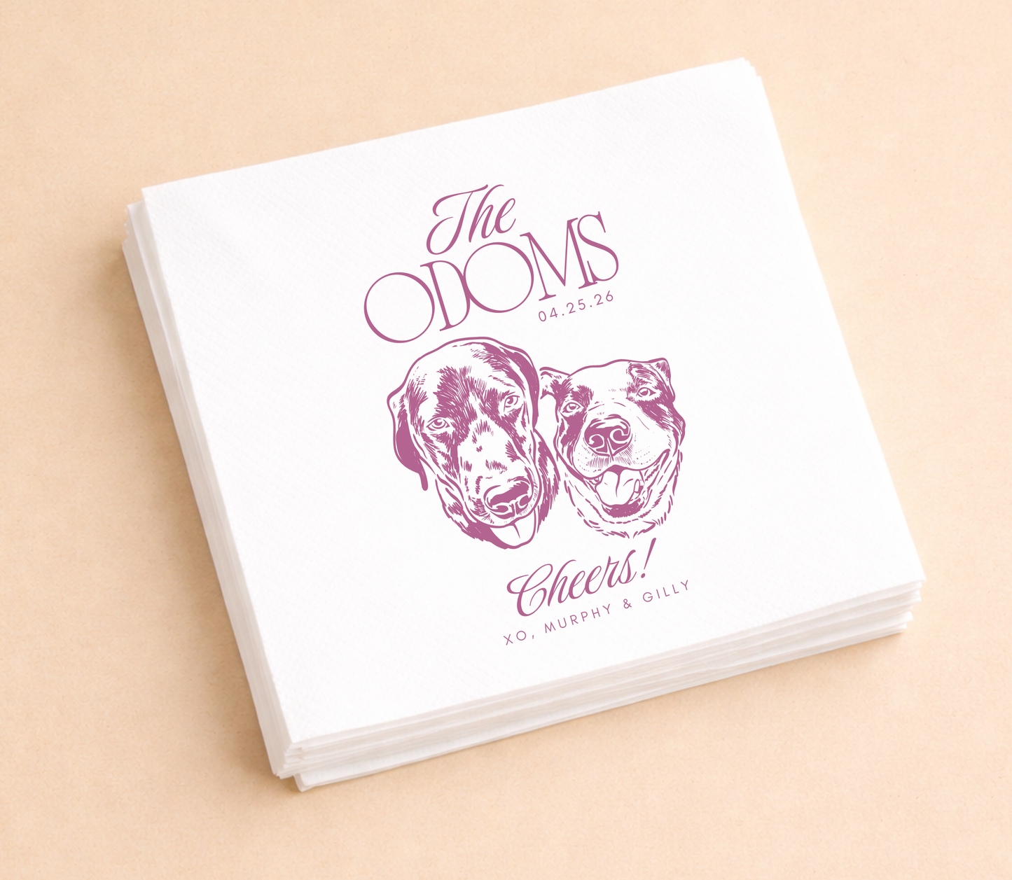 Custom dog wedding napkins two pet portrait design
Personalized couple dog illustration napkins wedding
Dog portrait cocktail napkins modern wedding decor
Custom pet napkins double dog design