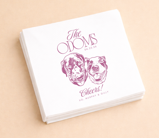Custom dog wedding napkins two pet portrait design
Personalized couple dog illustration napkins wedding
Dog portrait cocktail napkins modern wedding decor
Custom pet napkins double dog design