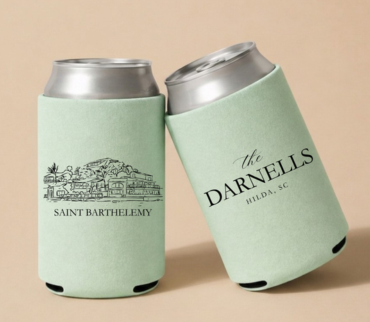 Mint green personalized wedding can coolers featuring a Saint Barthélemy destination illustration with custom family name for a luxury beach wedding.