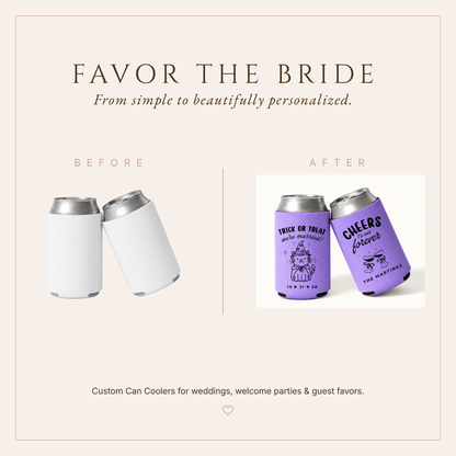 Cheers to Our Forever purple personalized Halloween wedding can coolers.