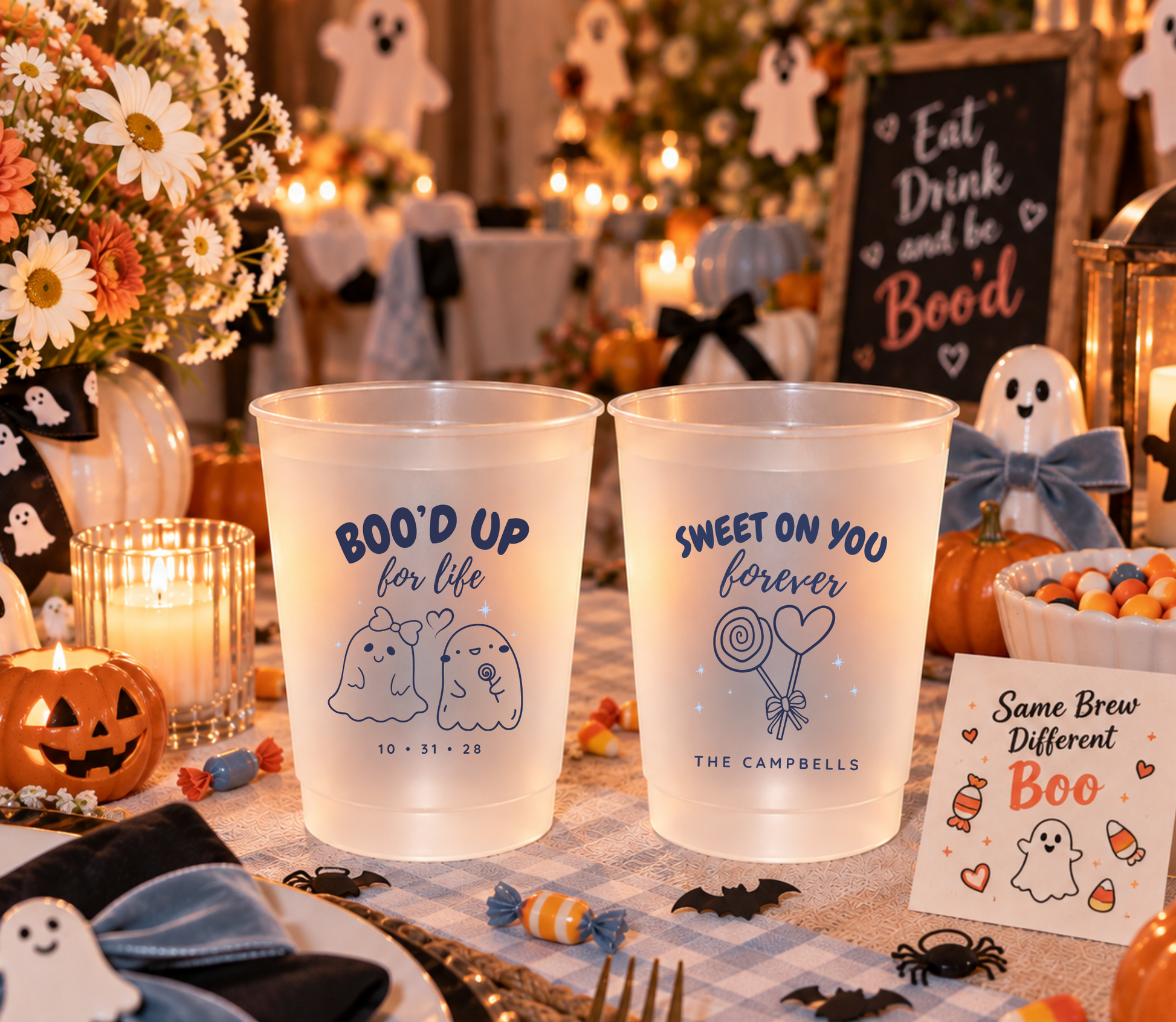 Boo’d Up for Life personalized Halloween wedding frosted cups with cute ghosts.