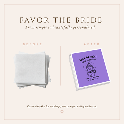 Custom purple spooky-cute wedding napkins with Trick or Treat We’re Married design.