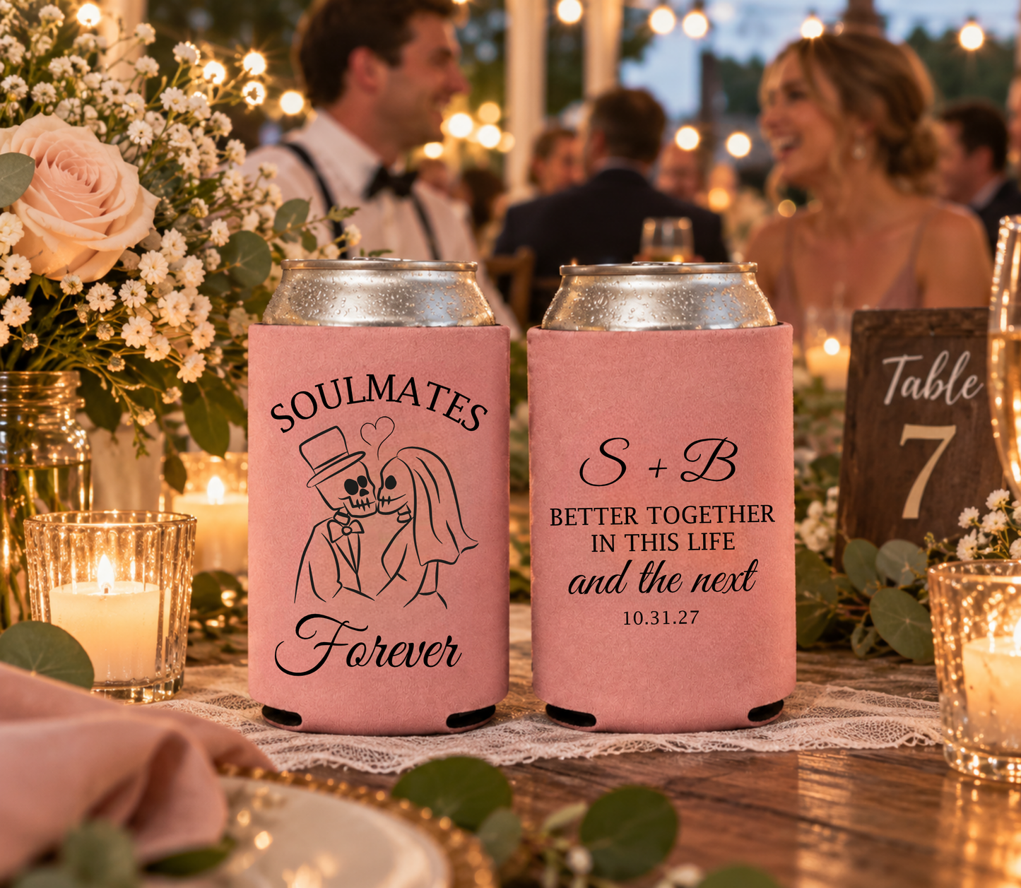Skeleton couple Halloween wedding favor can coolers.