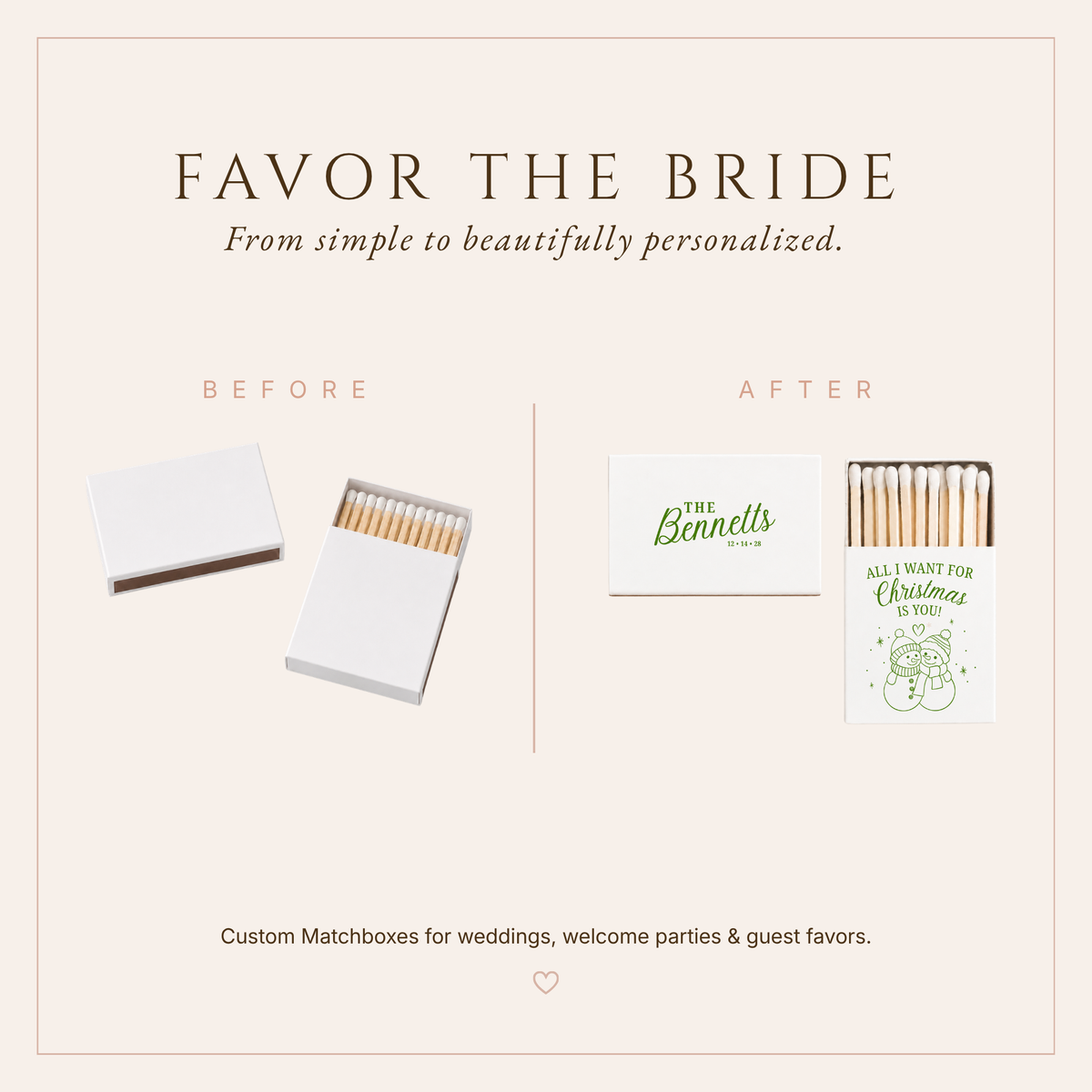Personalized winter wedding matchboxes featuring Christmas snowman artwork and elegant couple customization.
