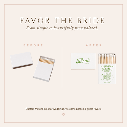 Personalized winter wedding matchboxes featuring Christmas snowman artwork and elegant couple customization.