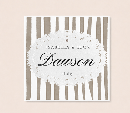 Vintage lace wedding napkin with personalized couple names and wedding date