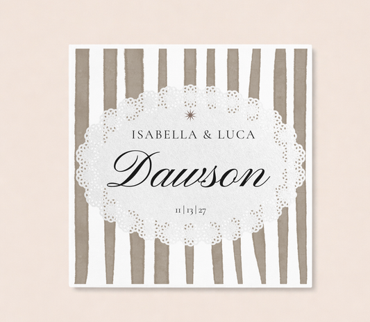 Vintage lace wedding napkin with personalized couple names and wedding date