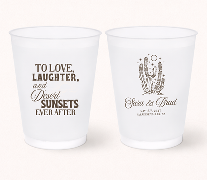 Personalized frosted wedding cups with desert sunset quote and cactus illustration featuring custom names, wedding date, and Paradise Valley Arizona wedding design