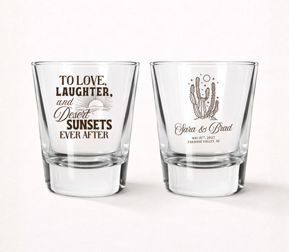 Desert wedding shot glasses with cactus design
Southwestern wedding favor shot glasses
Personalized Arizona wedding shot glasses
Boho desert wedding glassware
Custom cactus wedding shot glasses
To Love Laughter And Desert Sunsets shot glasses