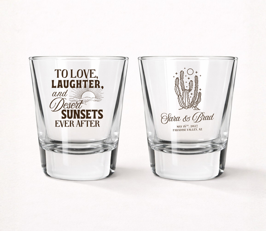 Desert wedding shot glasses with cactus design
Southwestern wedding favor shot glasses
Personalized Arizona wedding shot glasses
Boho desert wedding glassware
Custom cactus wedding shot glasses
To Love Laughter And Desert Sunsets shot glasses