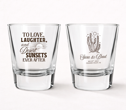 Desert wedding shot glasses with cactus design
Southwestern wedding favor shot glasses
Personalized Arizona wedding shot glasses
Boho desert wedding glassware
Custom cactus wedding shot glasses
To Love Laughter And Desert Sunsets shot glasses