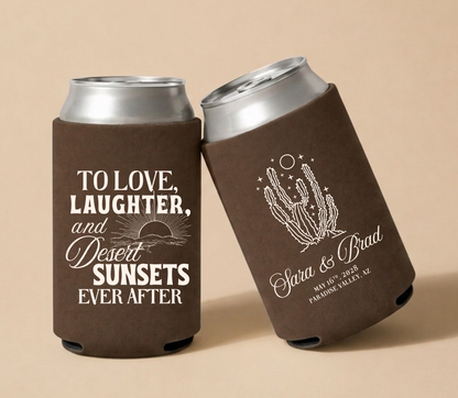 Personalized desert wedding can coolers with white cactus artwork, sunset design, custom names, wedding date, and location on dark brown drink sleeves

