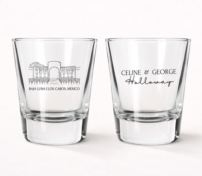 Destination wedding shot glasses
Custom venue illustration shot glasses
Los Cabos wedding favors
Personalized resort wedding shot glasses
Beach wedding shot glass favors
Custom wedding venue glassware