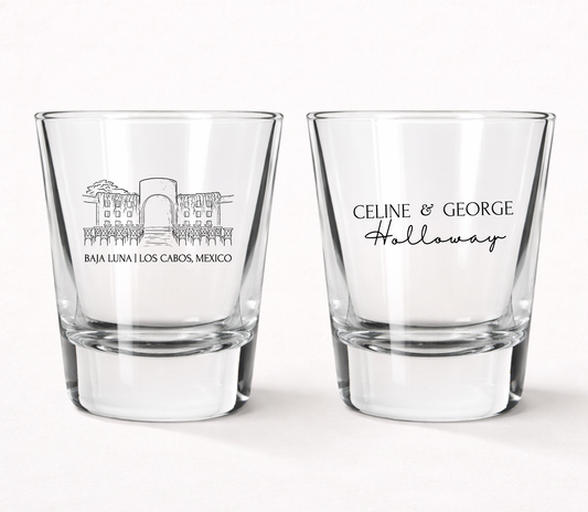 Destination wedding shot glasses
Custom venue illustration shot glasses
Los Cabos wedding favors
Personalized resort wedding shot glasses
Beach wedding shot glass favors
Custom wedding venue glassware