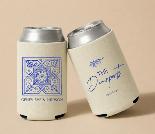 Destination Wedding Can Coolers with Amalfi Tile Design