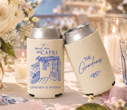 Custom Italy wedding drink sleeves for wedding welcome bags, cocktail hour, beach receptions, and destination weddings