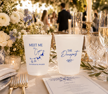 Personalized Capri wedding frosted cups featuring coastal bridal artwork, custom names, and destination wedding design