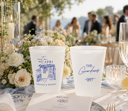 Capri wedding cups with personalized names and Italian villa artwork