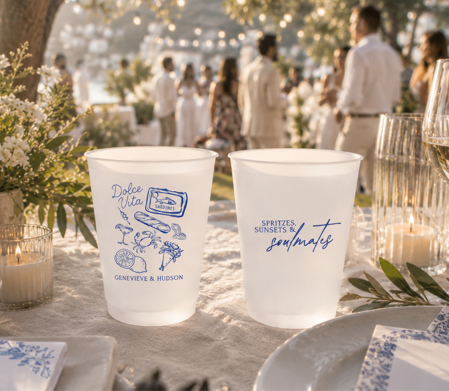 Dolce Vita wedding frosted cups featuring Mediterranean coastal artwork couple names and destination wedding design