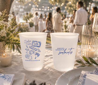Dolce Vita wedding frosted cups featuring Mediterranean coastal artwork couple names and destination wedding design