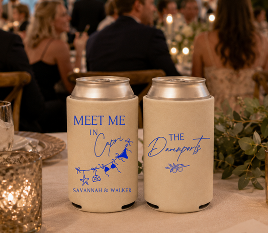 Capri Beach Wedding Can Coolers