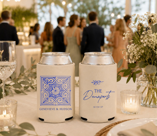 Destination Wedding Can Coolers with Amalfi Tile Design