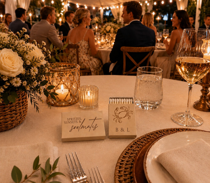 Beach wedding matchboxes with crab illustration.
