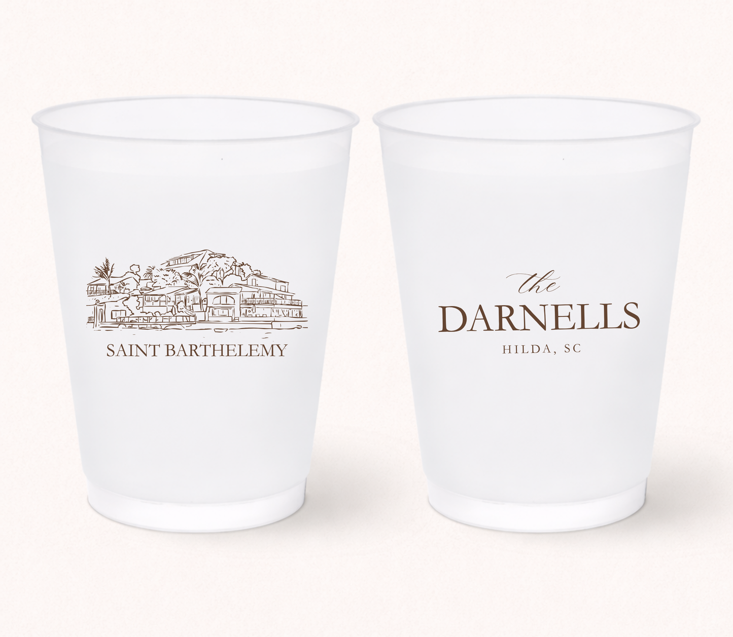 Personalized destination wedding frosted cups featuring a custom resort illustration, family name, and wedding location for elegant destination wedding celebrations.