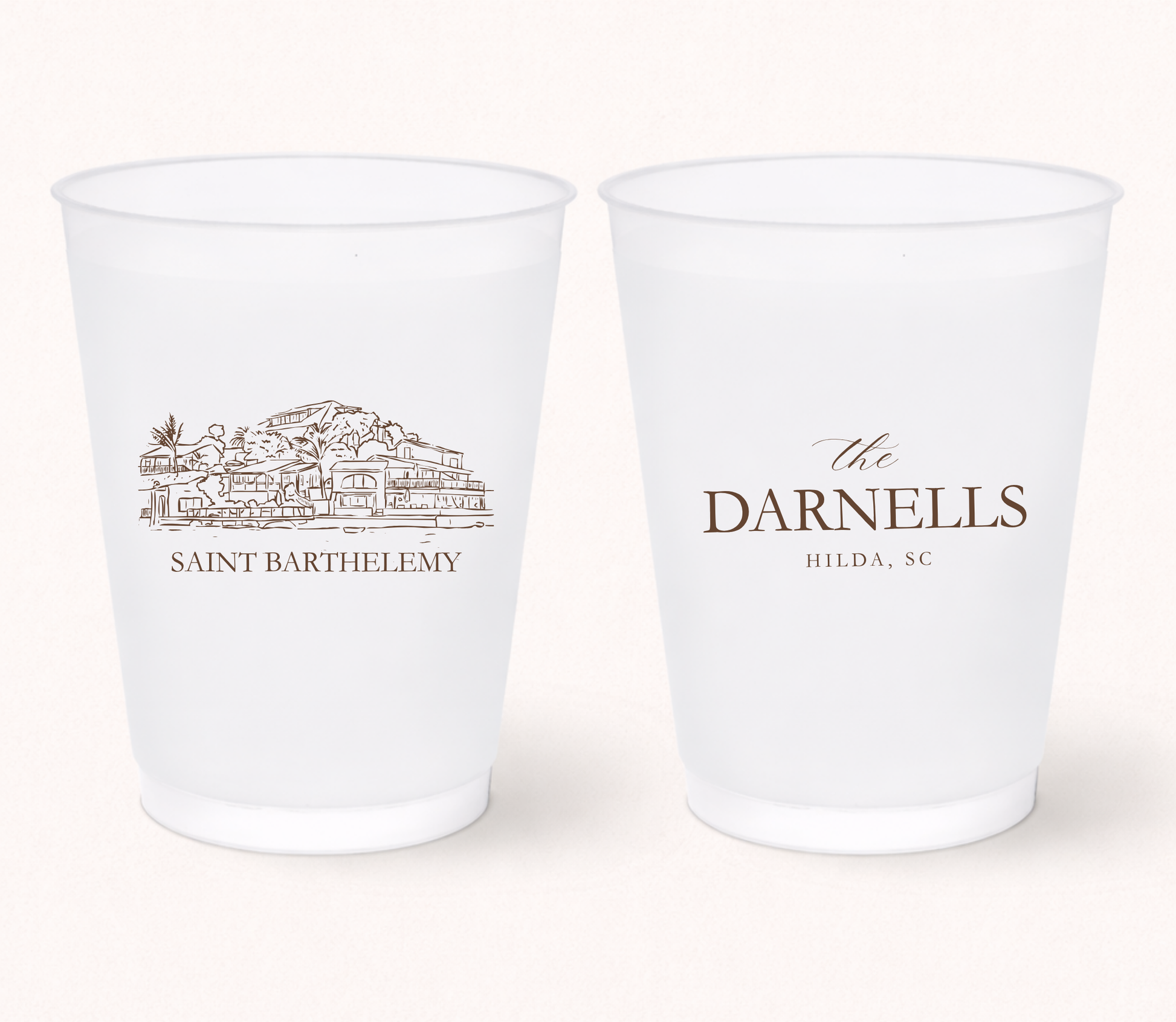 Personalized destination wedding frosted cups featuring a custom resort illustration, family name, and wedding location for elegant destination wedding celebrations.