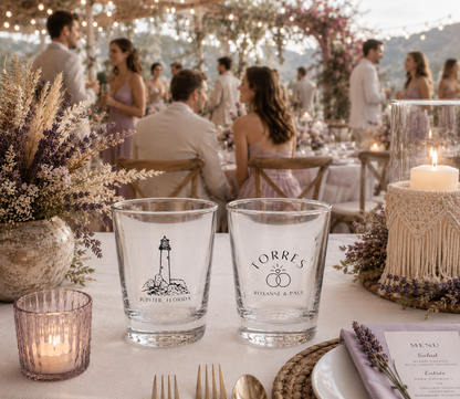 Personalized destination wedding shot glasses with custom venue illustration couple names and wedding location