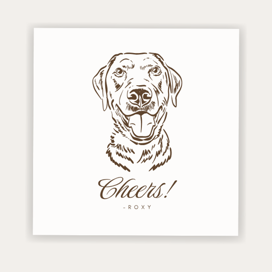 Personalized pet portrait wedding napkin featuring a custom dog illustration, pet name, and cheers message