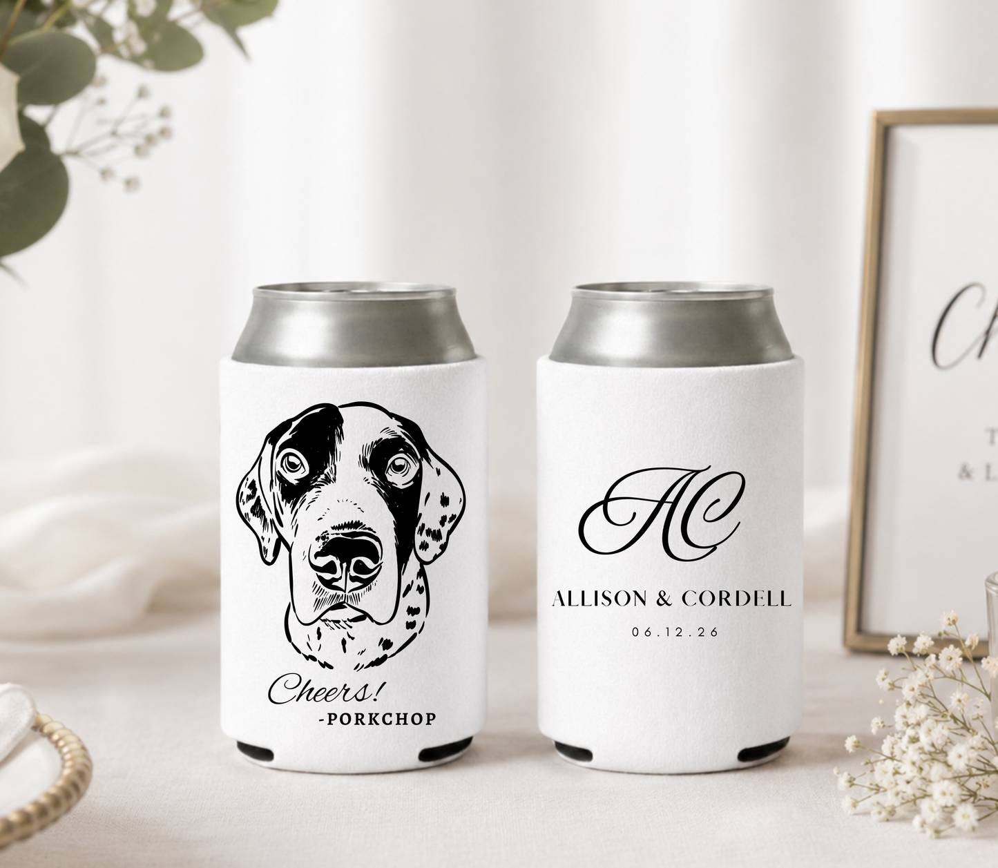 Personalized dog portrait wedding can coolers with black custom pet artwork, couple initials, names, wedding date, and pet name on white drink sleeves