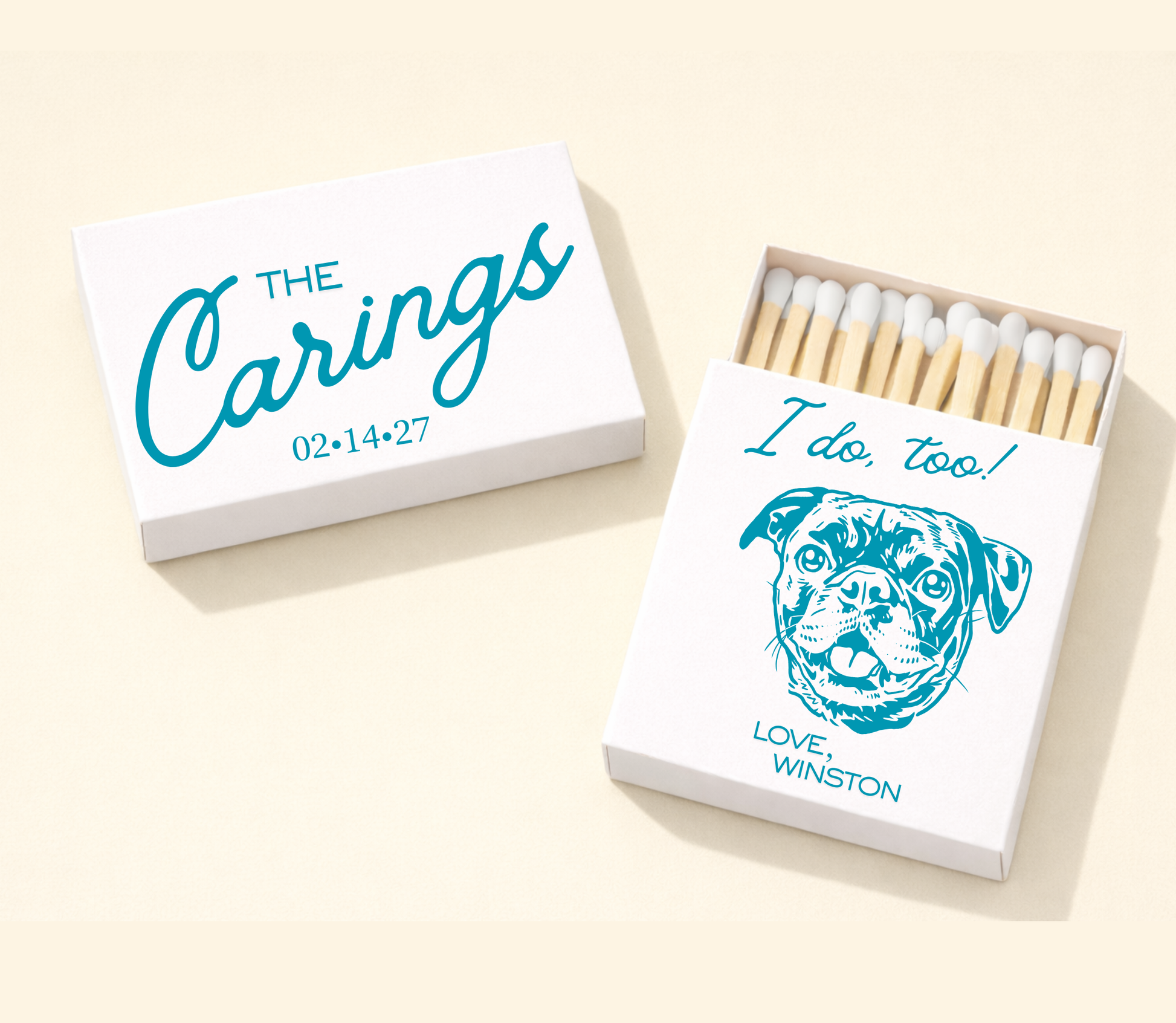 Personalized pet portrait wedding matchboxes with teal blue custom dog artwork, couple names, wedding date, and pet name on white matchboxes