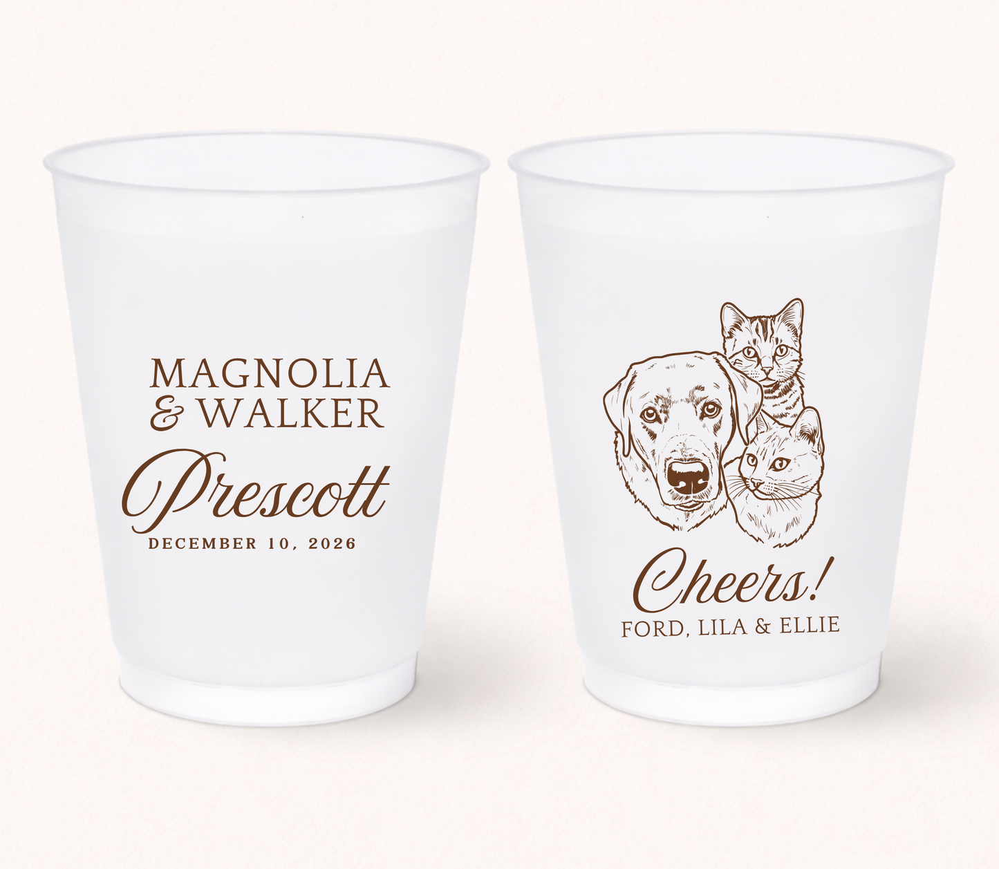 Personalized frosted wedding cups featuring custom illustrated dog and cat portraits with couple names, wedding date, and pet names for pet-friendly wedding celebrations.
