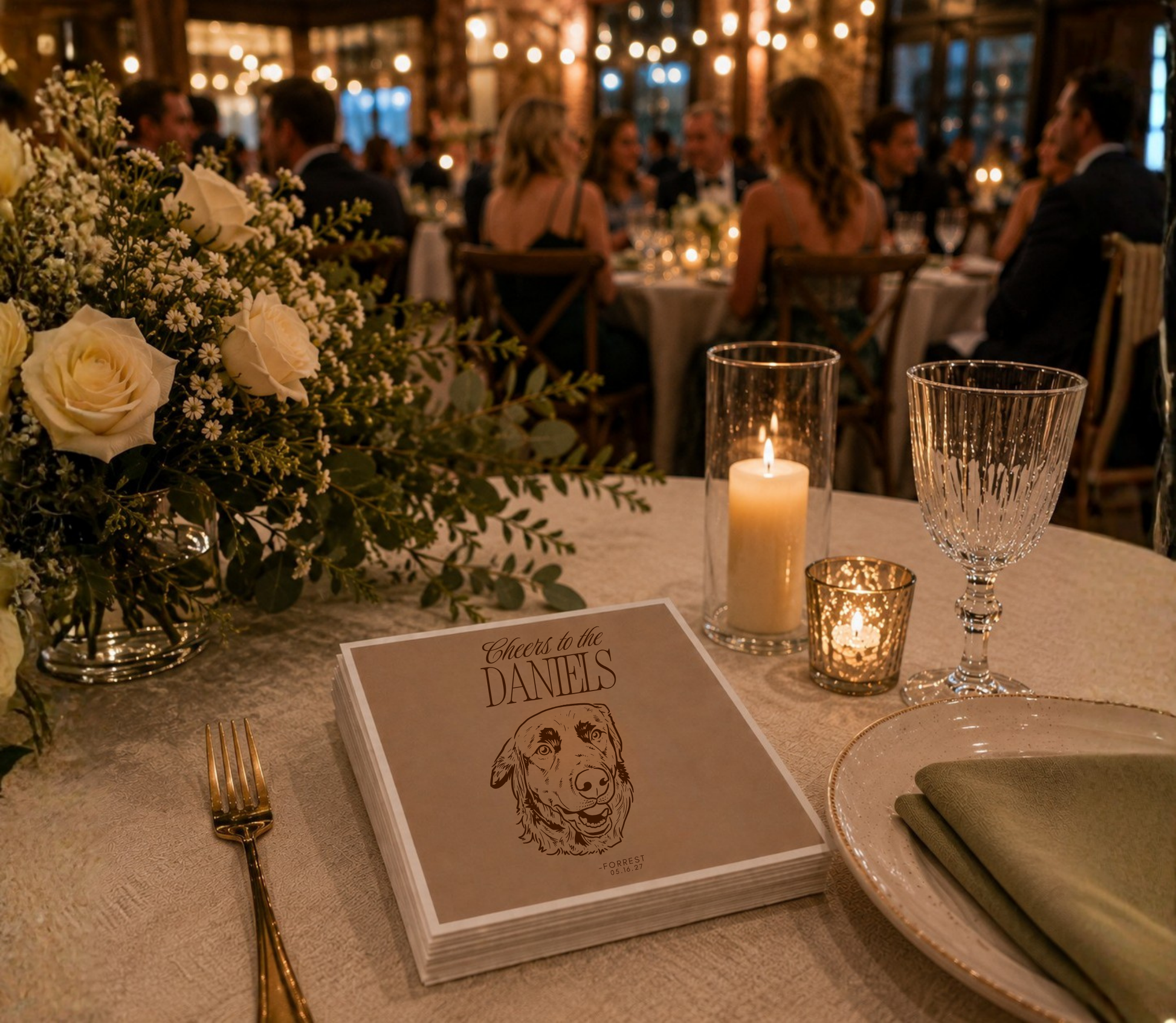 Personalized pet wedding beverage napkins.
