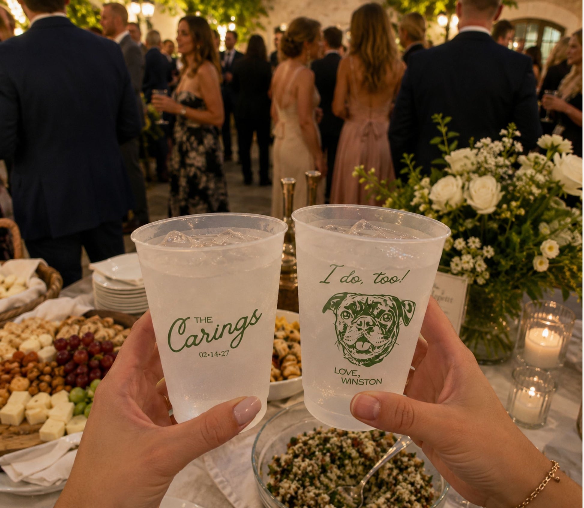 Reusable frosted plastic wedding cups featuring a personalized pug illustration and elegant typography.
Dog lover wedding drinkware with custom pet artwork, family name, and wedding personalization.
Personalized frosted wedding cup featuring a custom dog portrait, pet name, and modern wedding design.