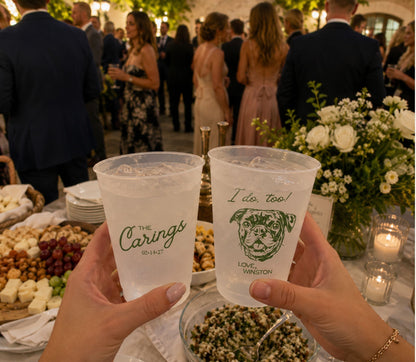 Reusable frosted plastic wedding cups featuring a personalized pug illustration and elegant typography.
Dog lover wedding drinkware with custom pet artwork, family name, and wedding personalization.
Personalized frosted wedding cup featuring a custom dog portrait, pet name, and modern wedding design.