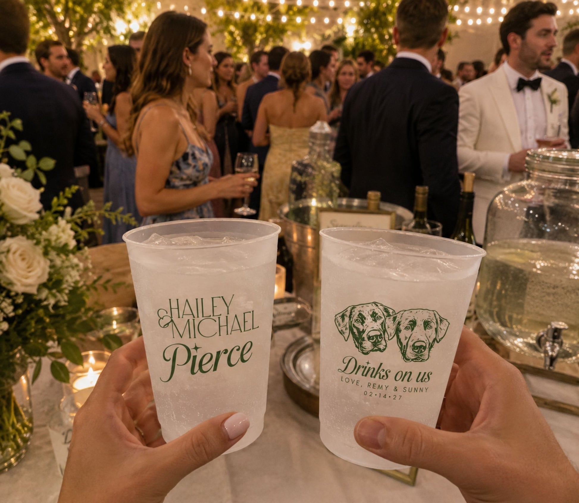 Reusable frosted plastic wedding cups featuring two illustrated dogs and personalized reception details.
Dog lover wedding frosted cups with custom pet artwork, couple names, and signature drink design.
Personalized reception cups featuring two custom dog illustrations and elegant wedding typography.