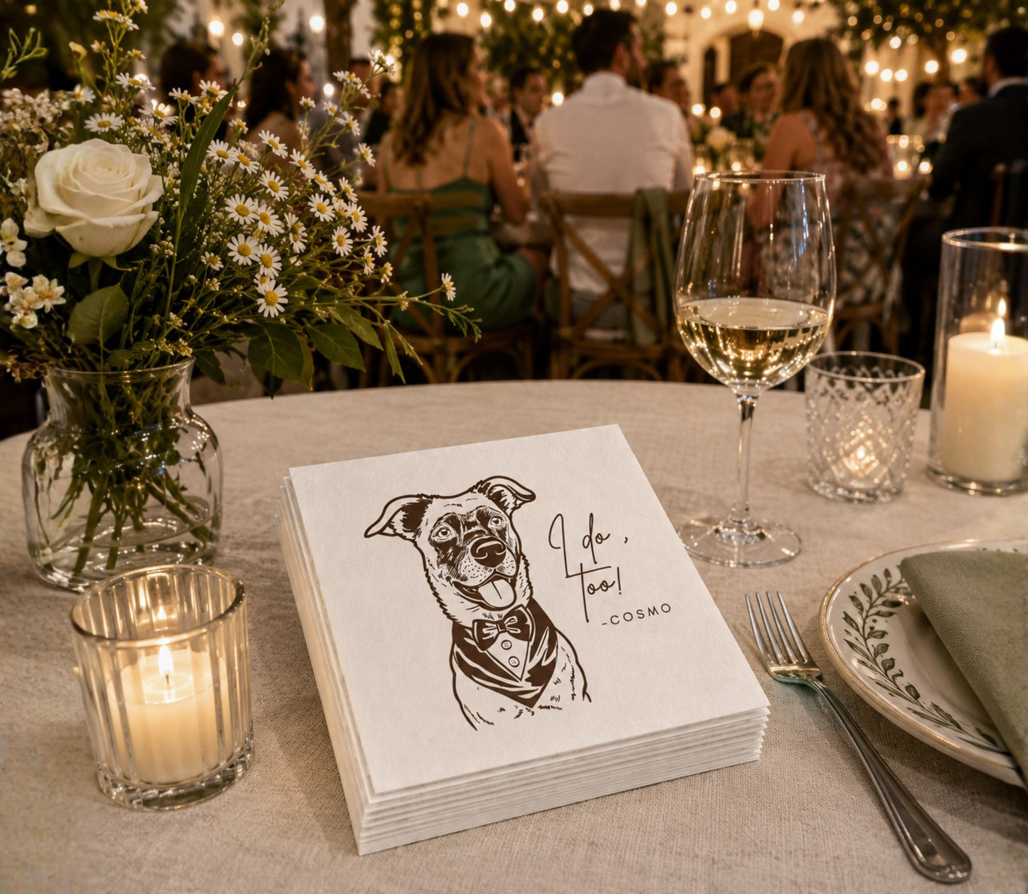 Personalized "I Do, Too!" pet wedding beverage napkins.