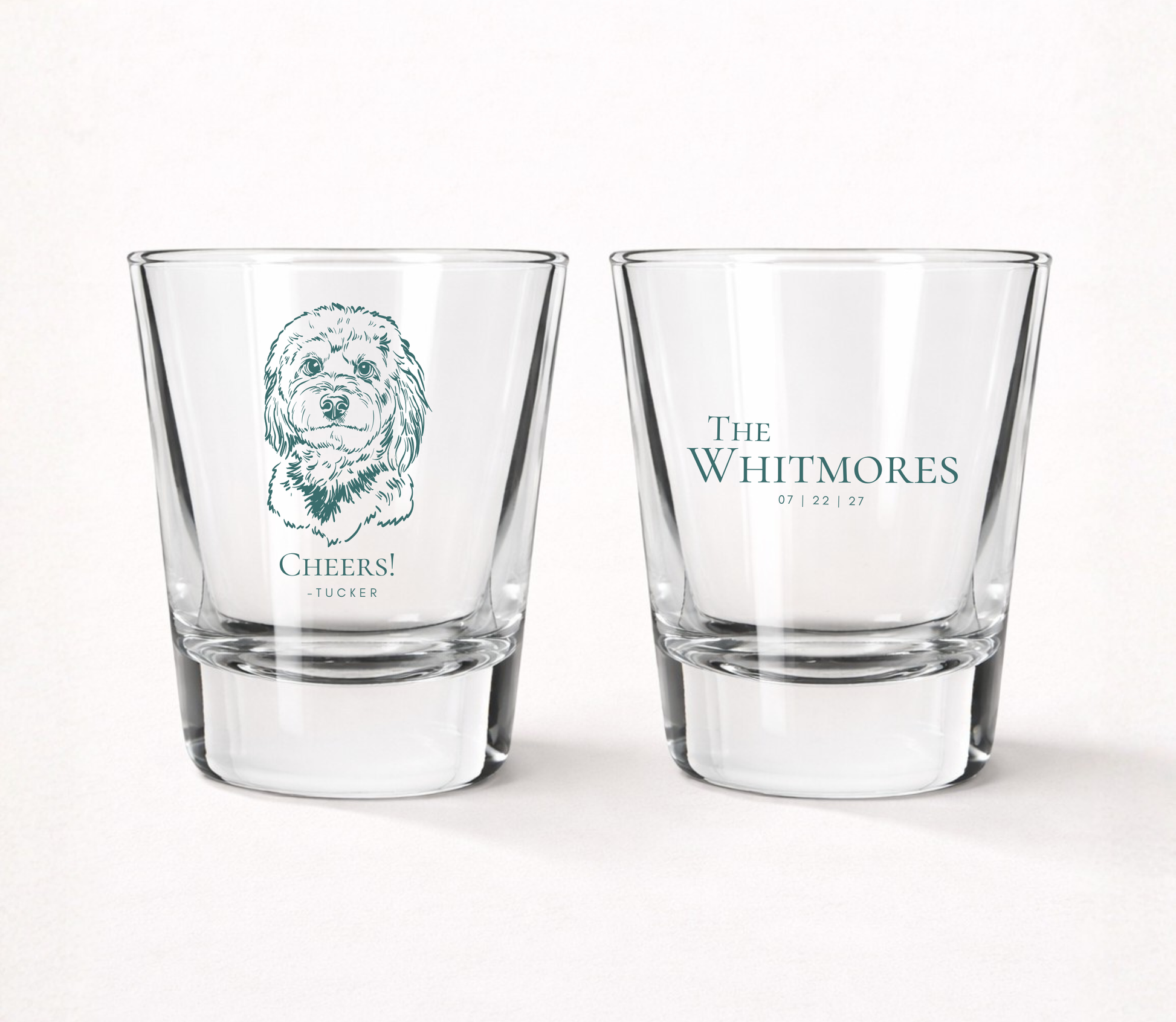 Clear personalized wedding shot glasses featuring a custom dog portrait illustration, pet name, family surname, and wedding date.
